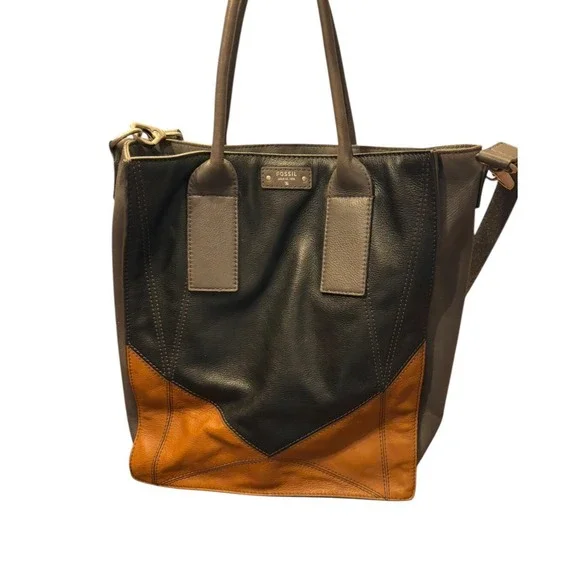Vintage FOSSIL Genuine Grey/Black/Tan Leather Tote Shoulder Office Handbag - Picture 3 of 6